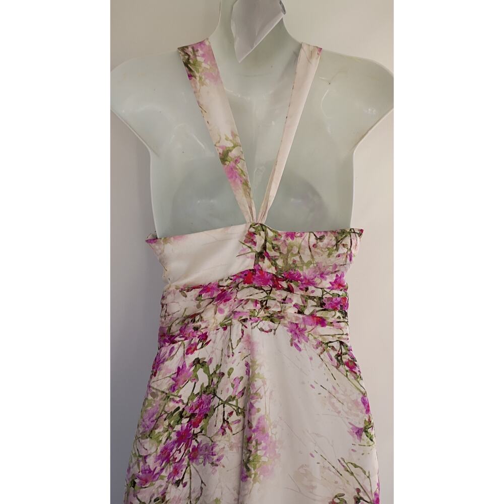Vintage Bebe Y2K 100% Silk Watercolor Floral Halter Dress Pink White High Low XS - Picture 11 of 13